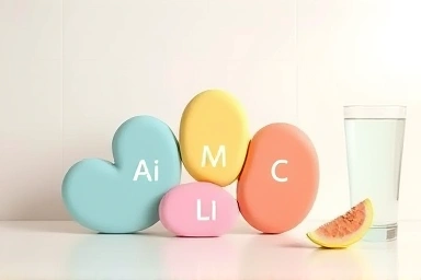 Abstract representation of balanced amino acids with water and healthy food.